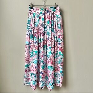 Vintage Skirt Women's XS Tropical Palm Trees Pleated Midi White Pink Kawaii